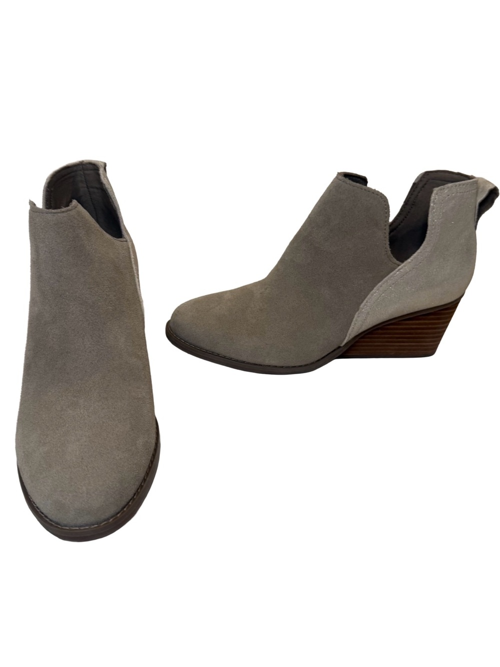 TOMS Gwen Two-Tone Suede Wedge Ankle Bootie Gray Metallic Silver Size 6.5 NWOB